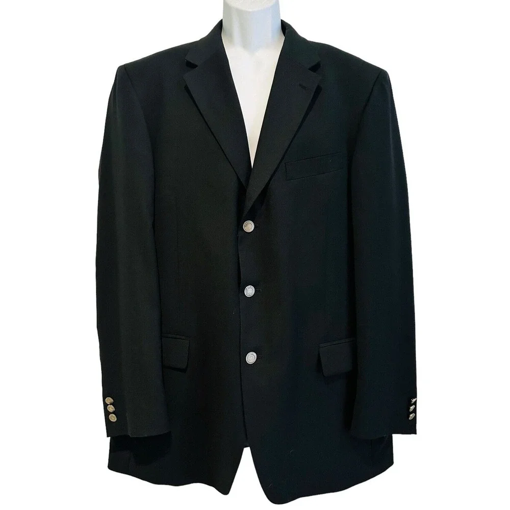 Emanuel Ungaro Mens Blazer Suit Coat Black Wool 44L Long Silver Tone‎ Buttons